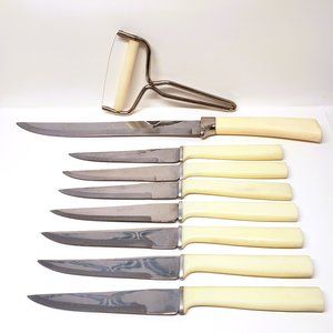 White Handle Knife Lot Armack Japan Steak Mirilium USA Carving Cheese Slicer VTG